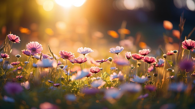 Un campo de flores rosas con flores bajo los rayos del sol.