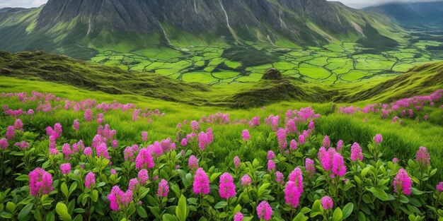 Un campo de flores rosas con montañas al fondo.