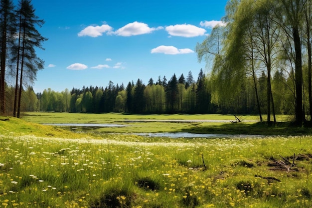 Foto un campo de flores silvestres y un árbol con un lago en el fondo