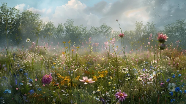 un campo de flores silvestres y el cielo es azul y blanco