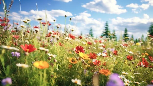 Un campo de flores silvestres coloridas y vibrantes