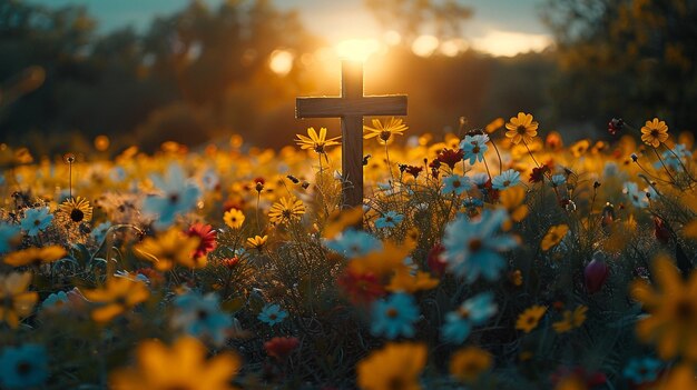 Un campo de flores silvestres iluminado por el sol