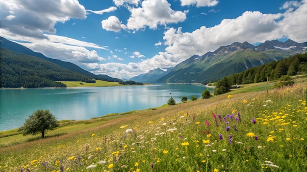 Un campo de flores silvestres con un lago al fondo
