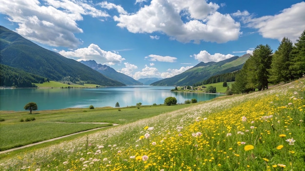 un campo de flores silvestres con un lago en el fondo