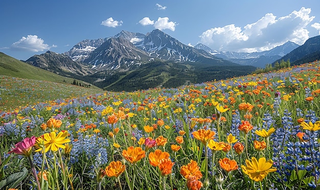 un campo de flores silvestres con una montaña en el fondo