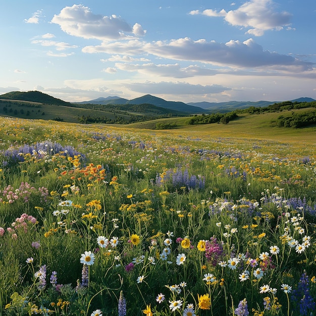 un campo de flores silvestres y montañas con un cielo azul en el fondo