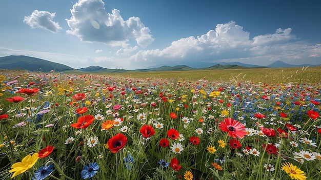 Foto un campo de flores silvestres con montañas en el fondo