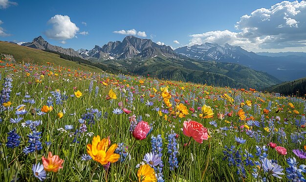 un campo de flores silvestres con montañas en el fondo