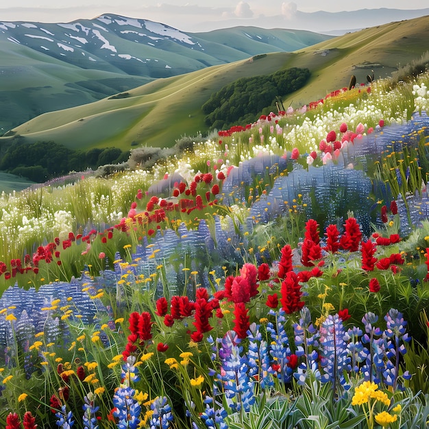 Foto un campo de flores silvestres con montañas en el fondo