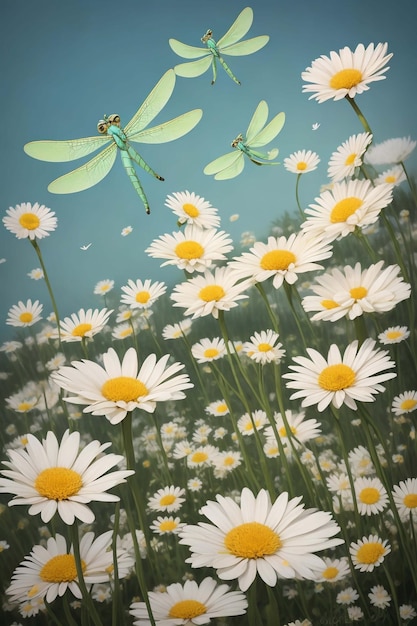 Campo de flores silvestres de primavera primer plano de manzanilla con mariposas voladoras iluminadas por la mañana vec