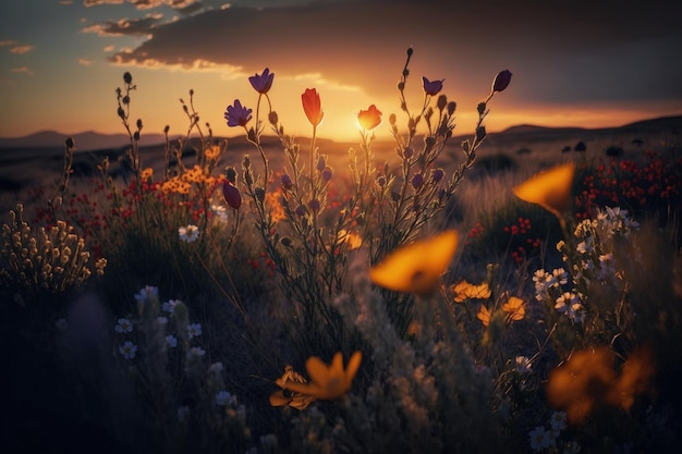 Un campo de flores silvestres con la puesta de sol de fondo IA generativa