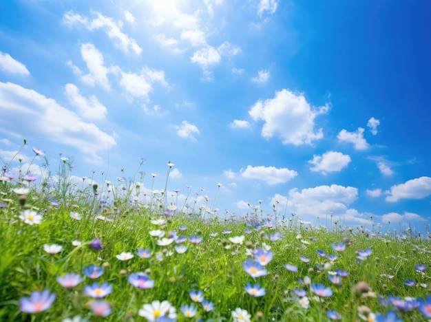 Campo de flores silvestres y sol de cielo azul en verano