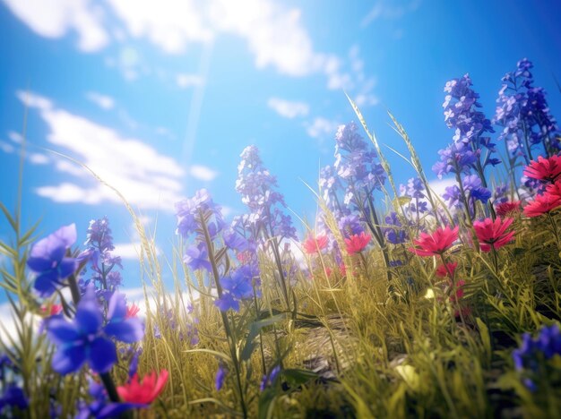 Campo de flores silvestres y sol de cielo azul en verano