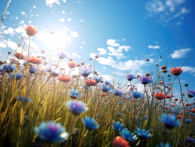 Campo de flores silvestres y sol de cielo azul en verano