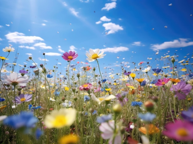 Campo de flores silvestres y sol de cielo azul en verano