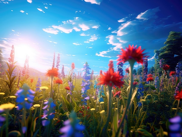 Campo de flores silvestres y sol de cielo azul en verano