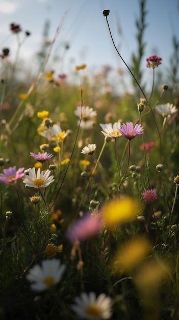 Un campo de flores con el sol brillando sobre él.