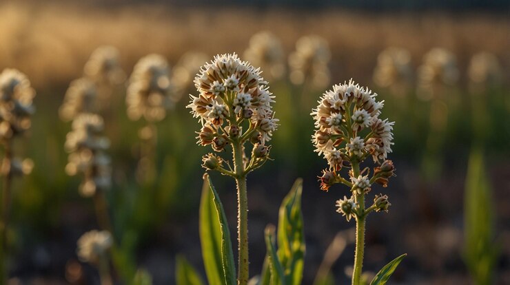 un campo de flores con el sol brillando sobre ellas
