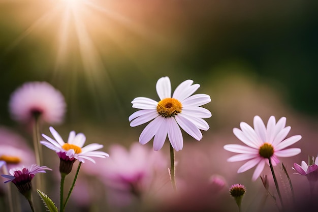 Un campo de flores con el sol brillando sobre ellas.