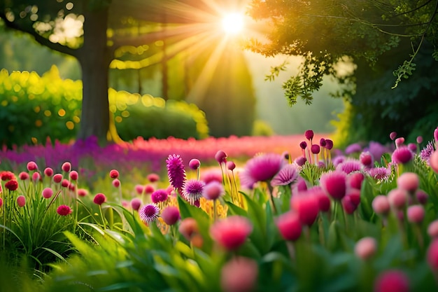 Un campo de flores con el sol brillando a través de los árboles.