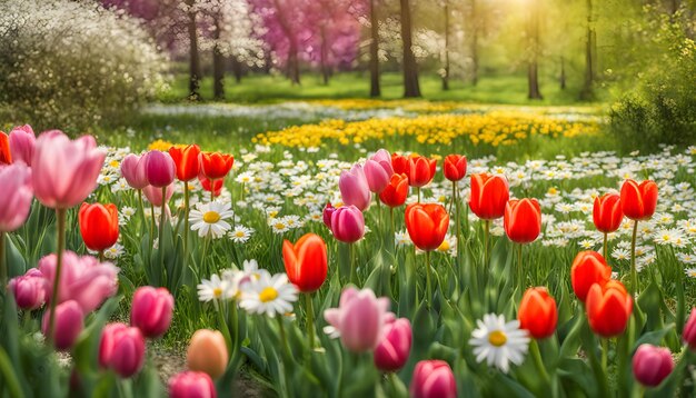 un campo de flores con el sol brillando a través de los árboles