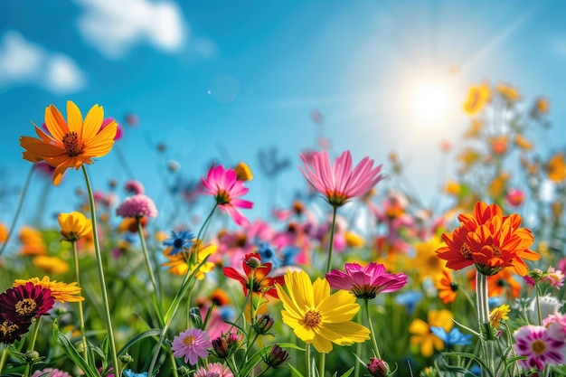 Foto un campo de flores con el sol brillando a través de las nubes