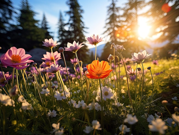 un campo de flores con el sol brillando a través