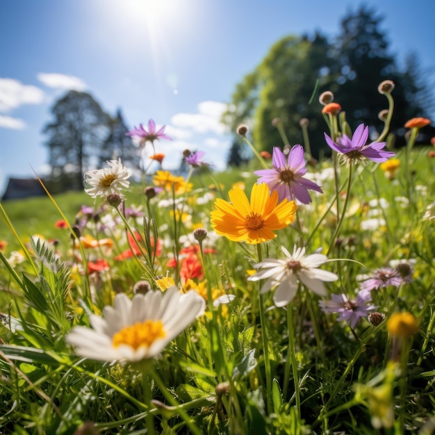 un campo de flores con el sol brillando