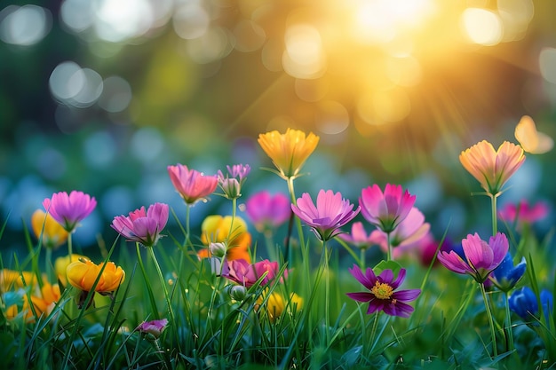 un campo de flores con el sol detrás de ellos