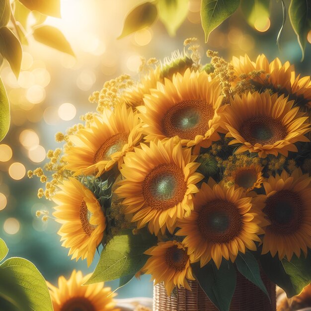 Campo de flores de sol en el fondo al atardecer hermoso campo de girasoles cerca de la bandera contra