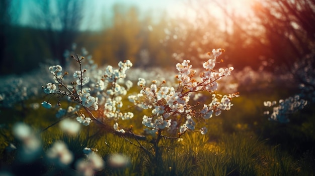 Un campo de flores con un sol de fondo