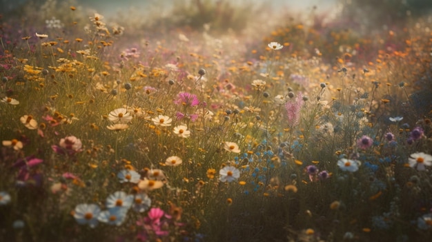 Un campo de flores con un sol de fondo