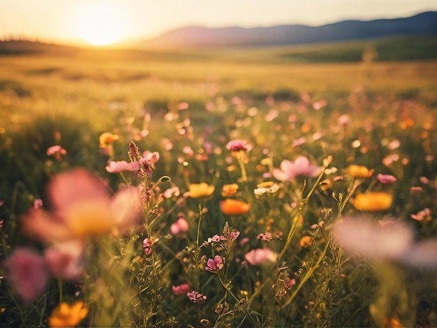 un campo de flores con el sol poniéndose detrás de ellos