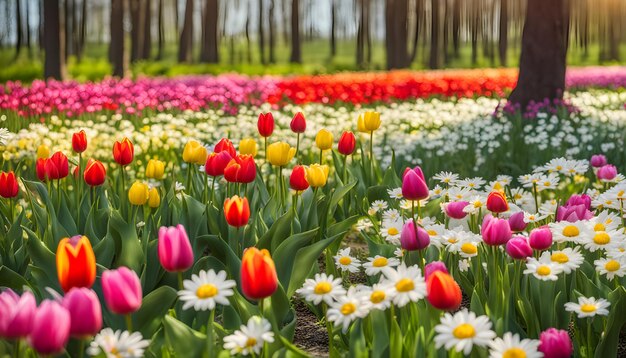 Foto un campo de flores con un tulipán blanco y púrpura en el fondo