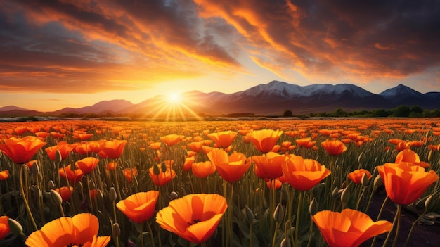 Campo de flores de tulipán en el momento del amanecer con un hermoso cielo