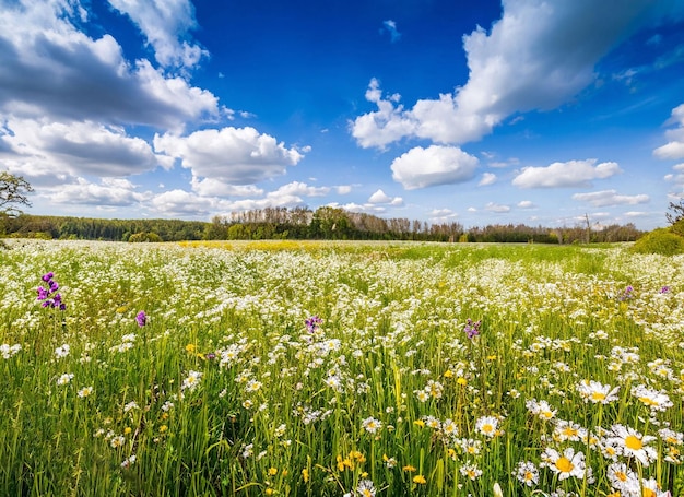 Un campo de flores en verano con un cielo azul y nubes.