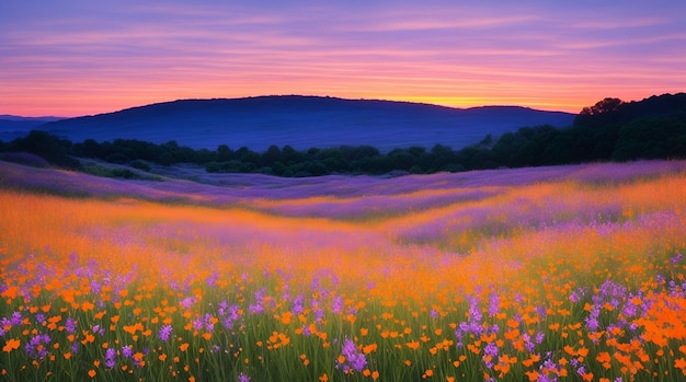 Un campo de flores violetas y naranjas con una montaña al fondo
