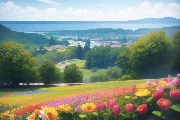 Un campo de flores con vista al lago y las montañas al fondo.