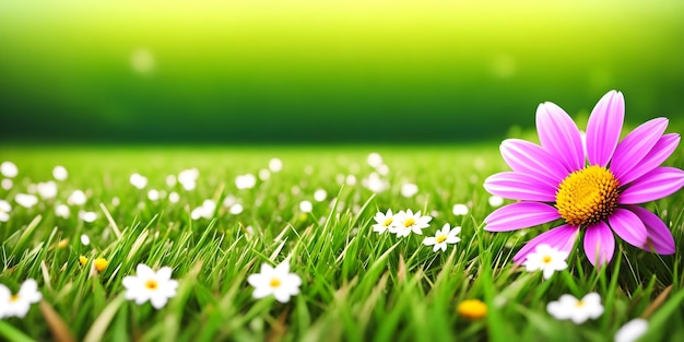 Foto campo florescendo da paisagem da primavera com camomilas brancas de grama verde e uma grande flor rosa ilustração da natureza generative ai