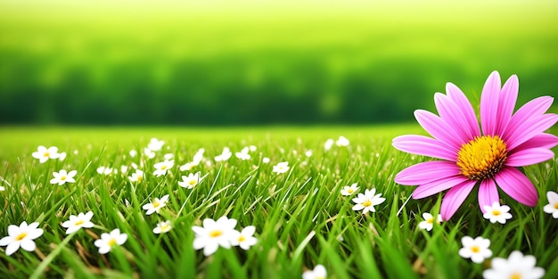 Campo florescente de paisagem de primavera com camomilas brancas de grama verde e uma grande flor rosa Ilustração da natureza IA generativa