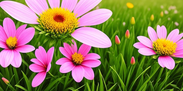 Campo florescente de paisagem de primavera com grama verde e várias grandes flores rosa Ilustração da natureza