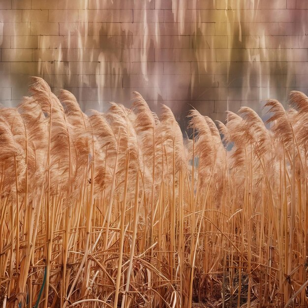 Foto un campo de frágmitas secas en una pared borrosa