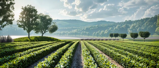 Un campo de fresas al amanecer, filas de bayas maduras contra un telón de fondo de montañas con niebla en Chiangmai