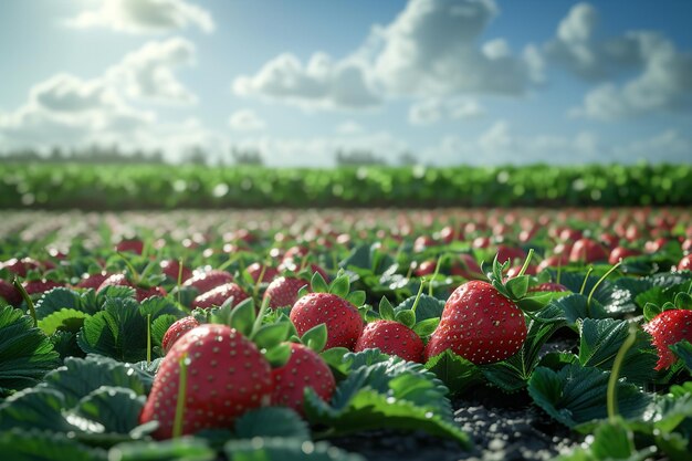 Un campo de fresas en vista matutina con fresas rojas maduras con espacio para texto o producto IA generativa