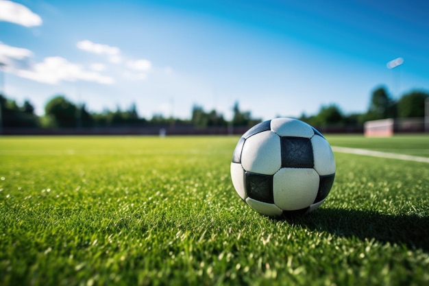 Campo de fútbol desde un ángulo bajo con pelota a distancia