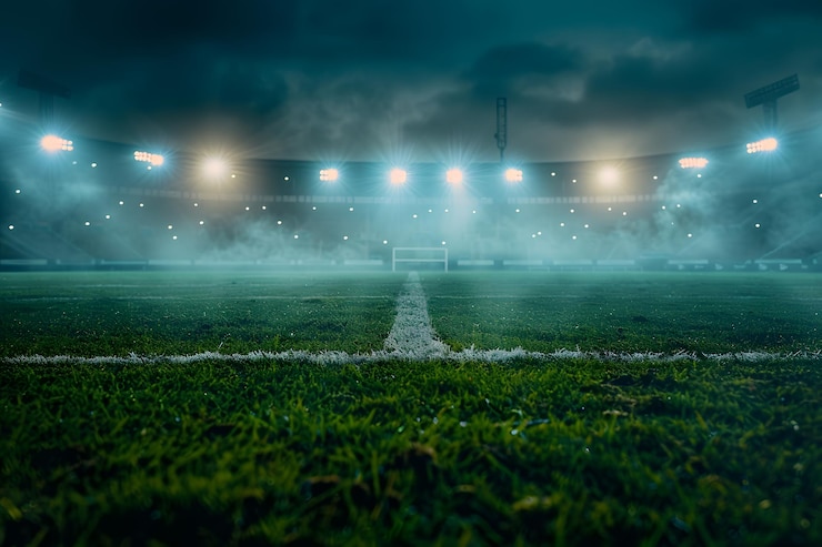 Campo de fútbol brumoso por la noche con luces de estadio