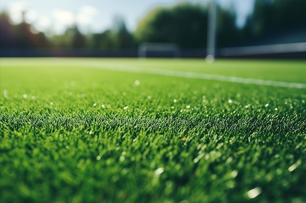 Campo de fútbol con césped artificial Gol de fútbol césped sintético verde y red de gol sombreada