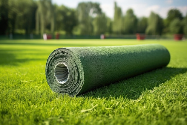 Campo de fútbol de césped artificial con trabajadores pavimentando el césped falsificado sobre un fondo de césped verde