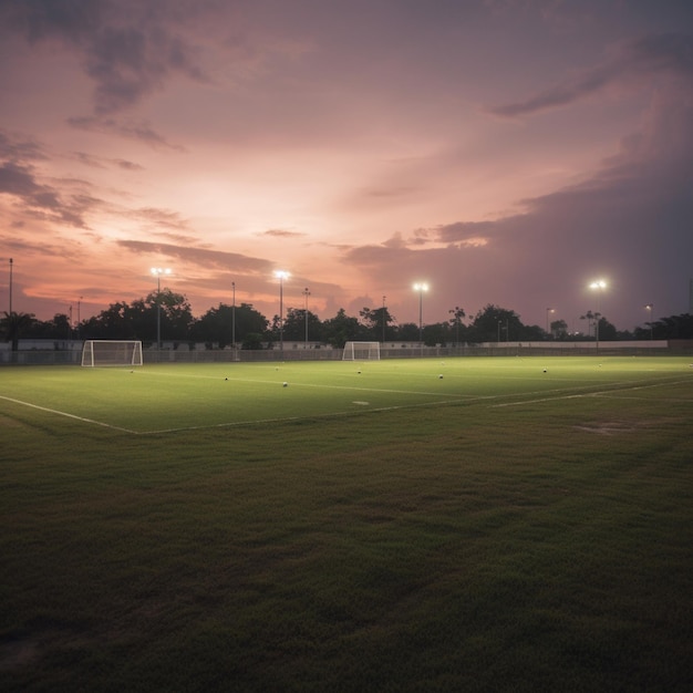 Un campo de fútbol con un cielo nublado al atardecer.