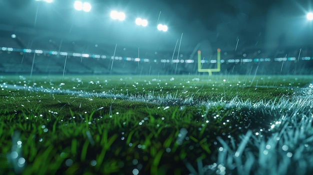 Un campo de fútbol está mojado y la hierba es verde